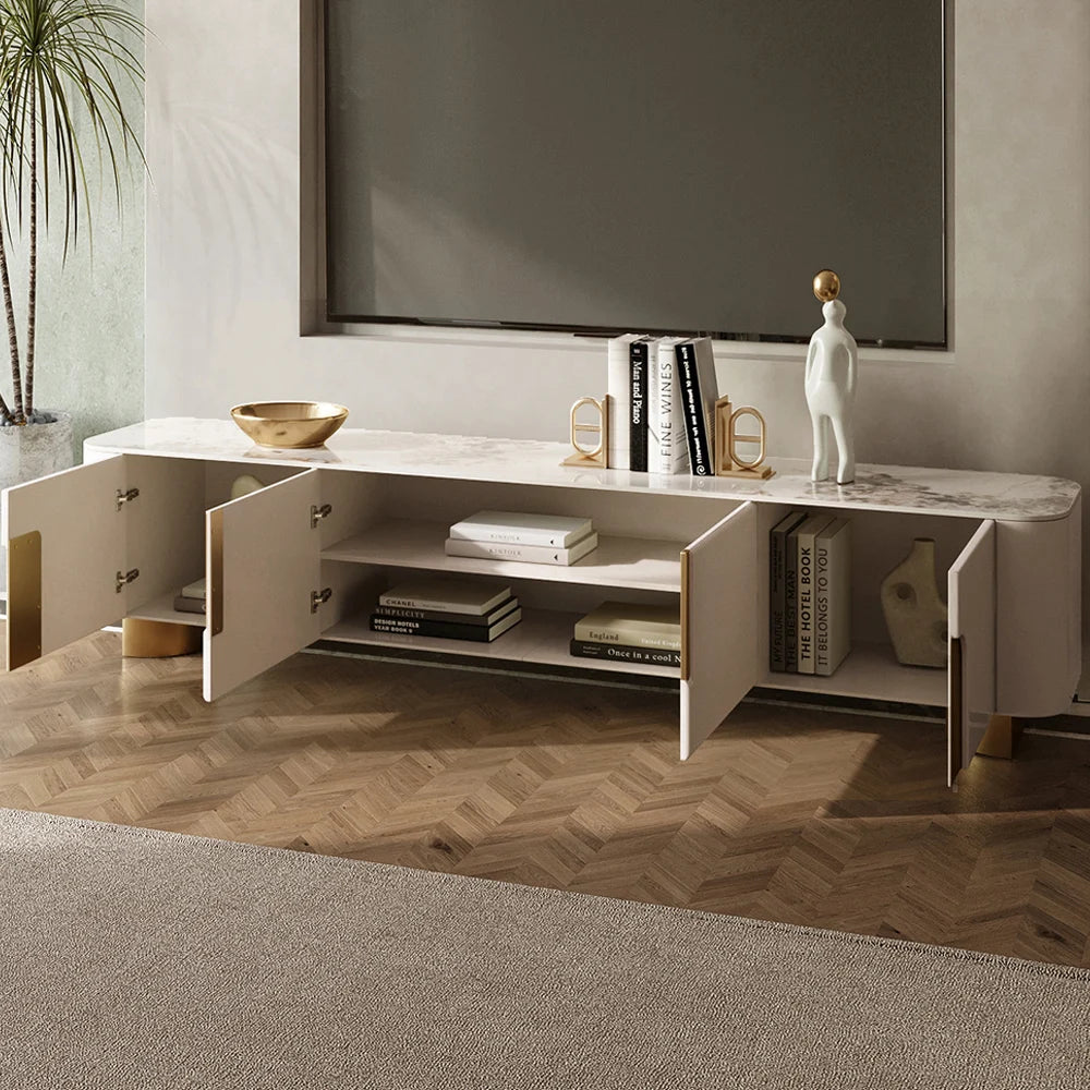 Meuble TV Artis 200 cm avec plateau en pierre, beige et or, 4 portes et rangement