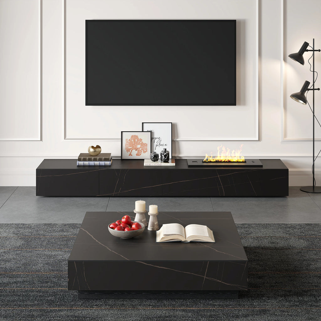 Meuble TV moderne 200 cm , effet flammes LED, humidificateur et 2 tiroirs Noir mat