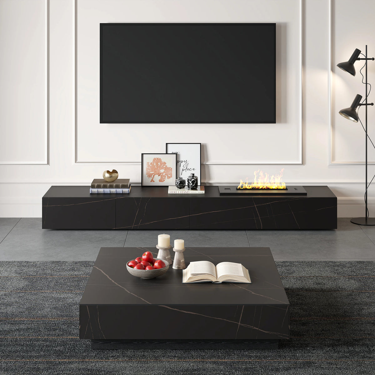 Meuble TV moderne 200 cm , effet flammes LED, humidificateur et 2 tiroirs Noir mat