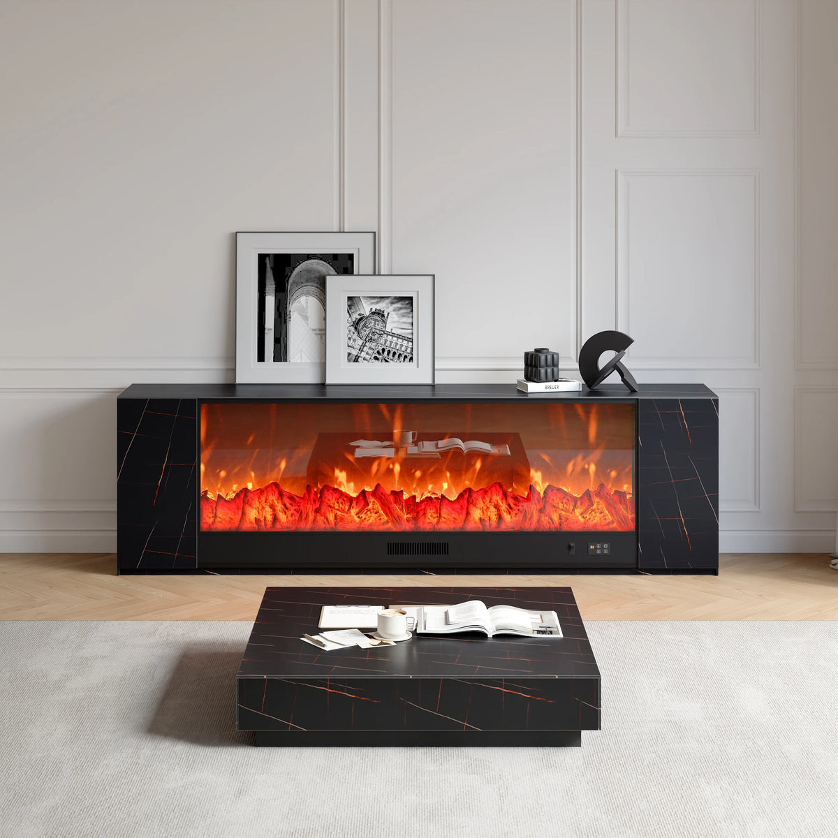 Meuble TV de cheminée électrique en pierre frittée de 1800 mm avec télécommande