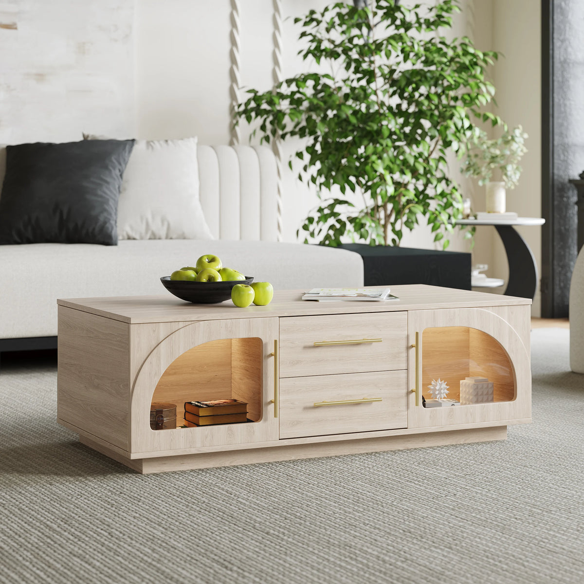 Ensemble meuble TV et table basse Arune avec portes cintrées en verre rangement et éclairage LED Blanc