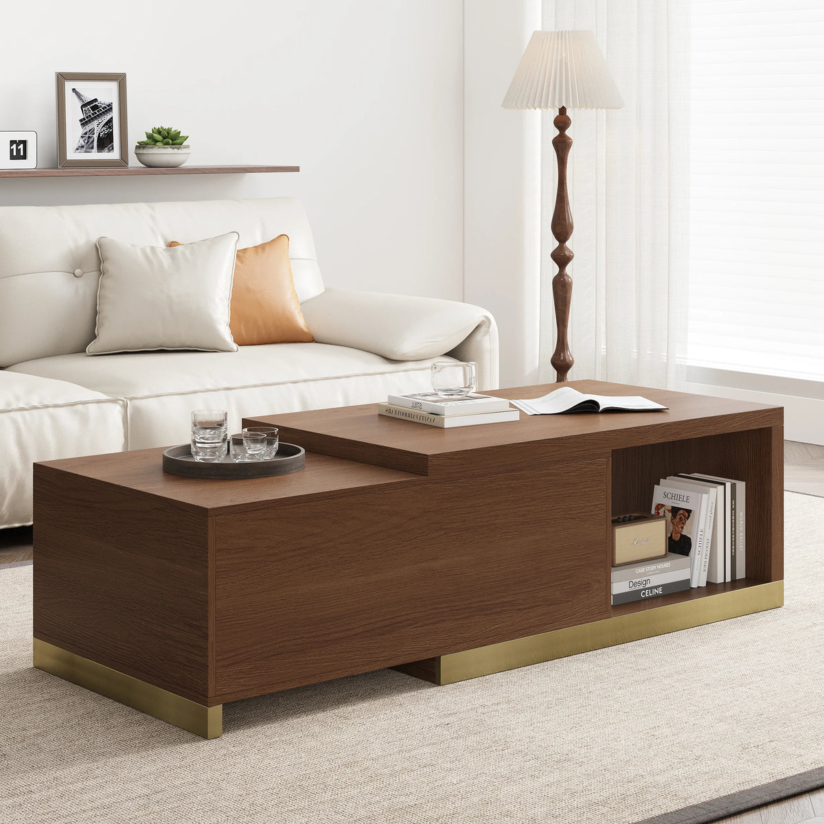 Ensemble meuble tv extensible et table basse Mordel en noyer brillant