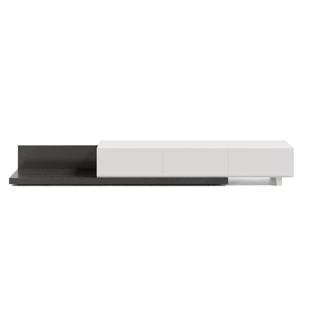 Meuble TV Crator noir et blanc de 210 à 280 cm en bois de frêne, extensible, avec 3 tiroirs