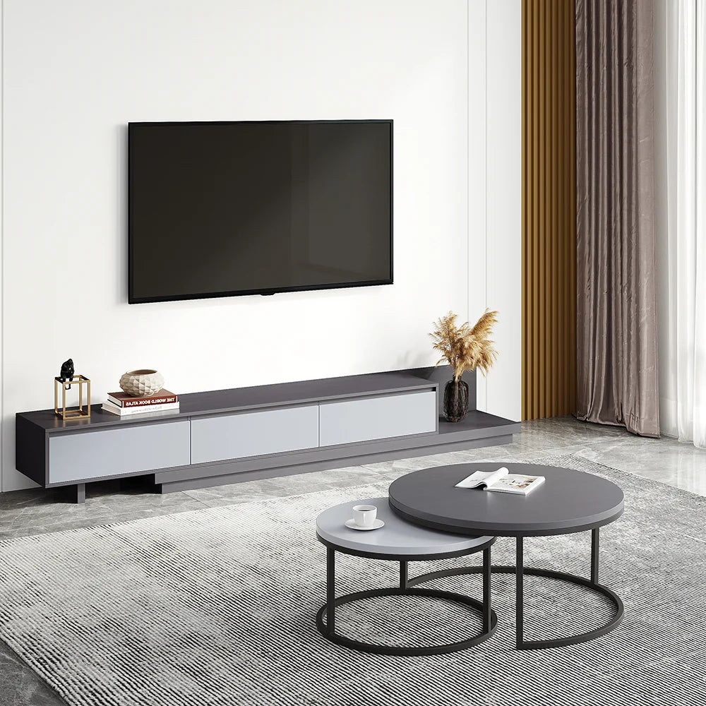Meuble TV rétractable gris moderne Fero Console multimédia extensible avec 3 tiroirs jusqu'à 120 pouces