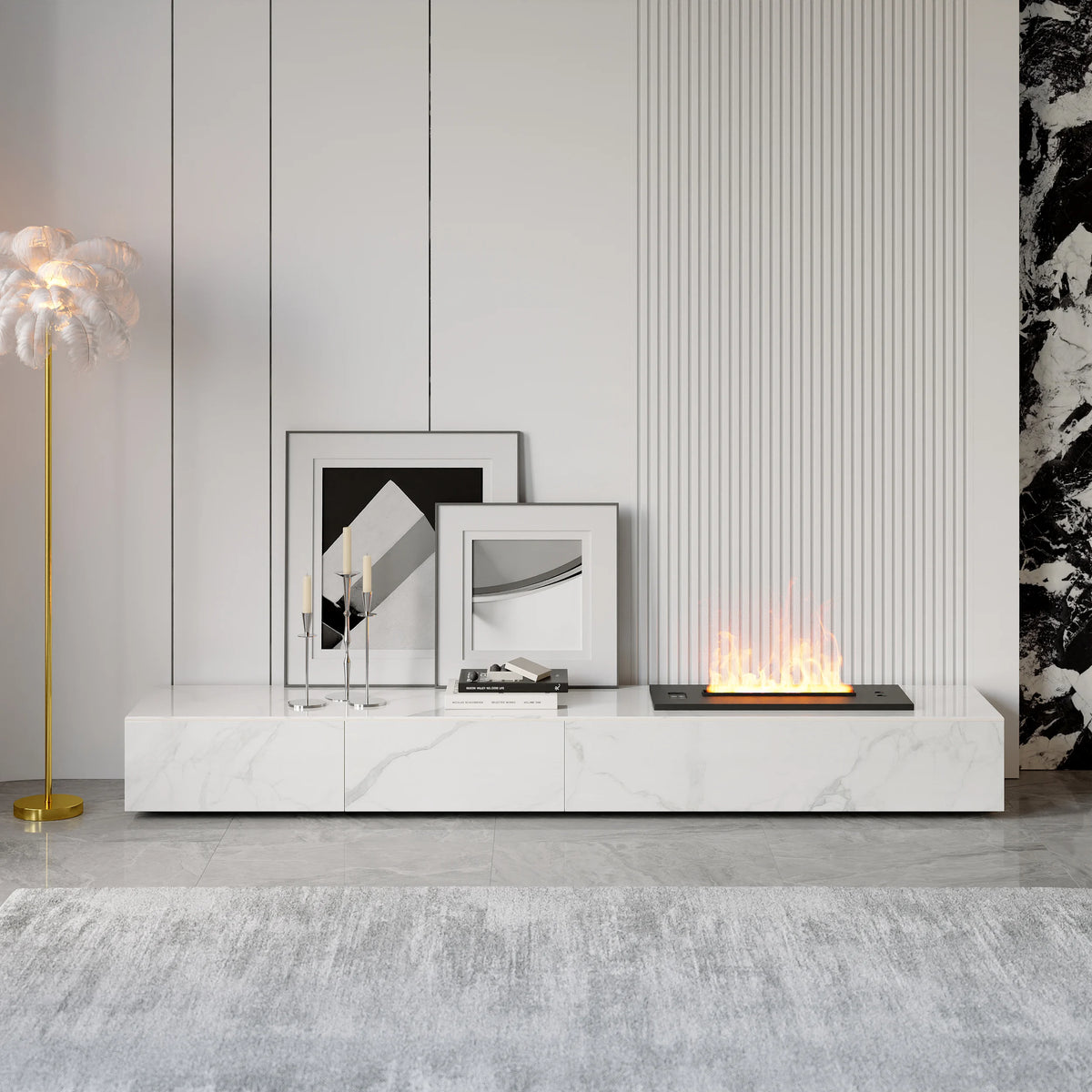 Meuble TV moderne 200 cm, effet flammes LED, humidificateur et 2 tiroirs Blanc brillant