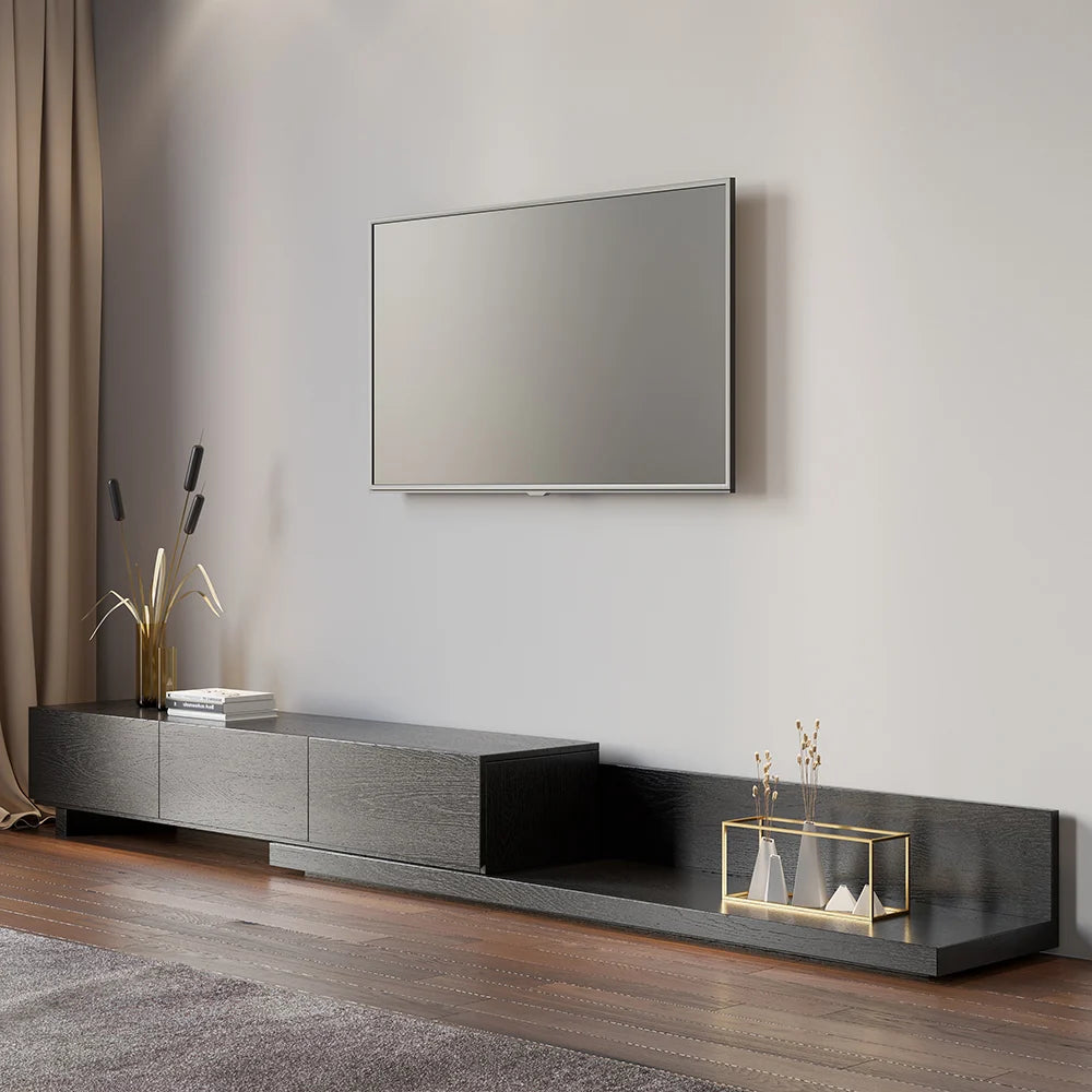 Meuble TV Crator noir 210 à 280 cm en bois de frêne, extensible, avec 3 tiroirs