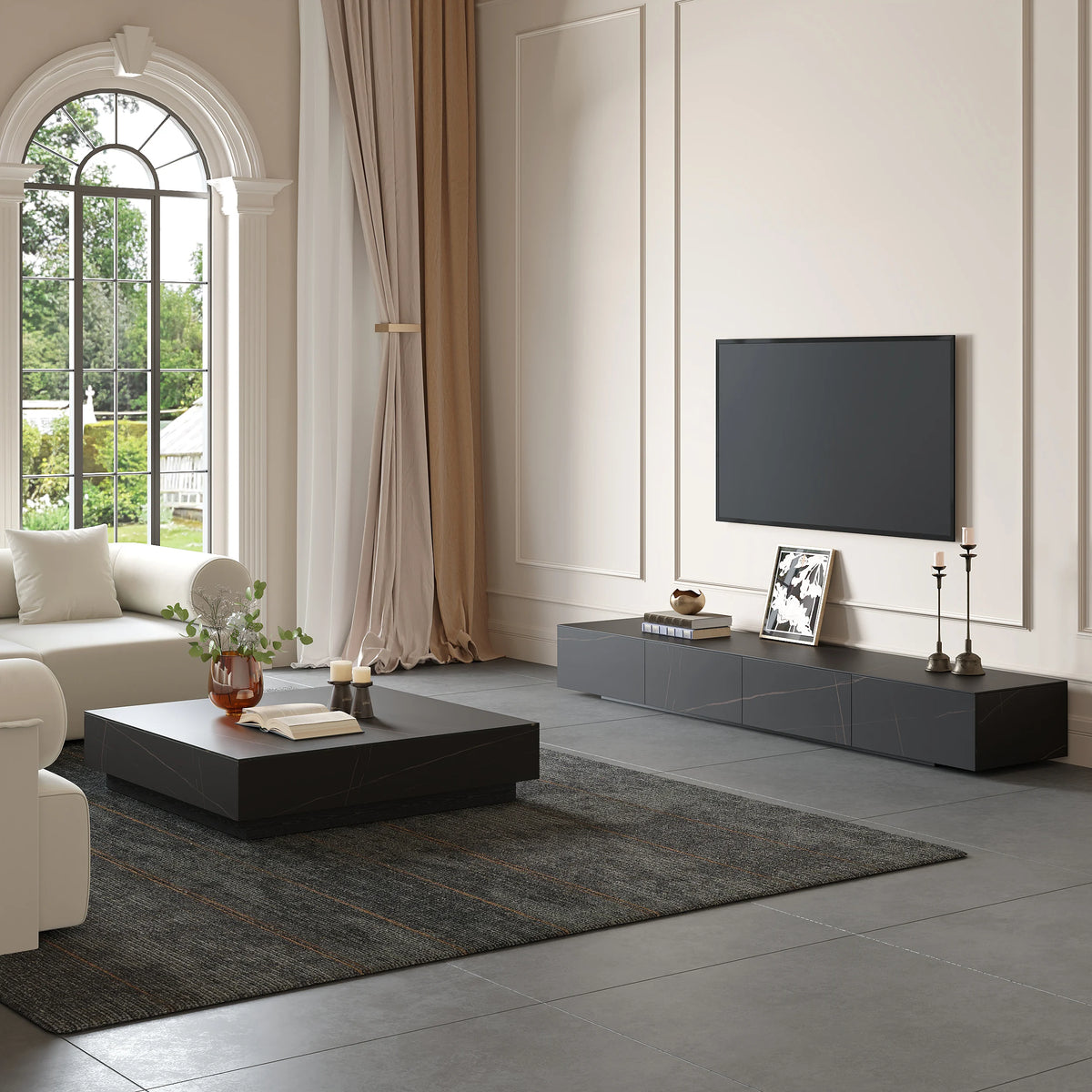 Meuble TV moderne en pierre frittée 200 cm avec 4 tiroirs Noir mat