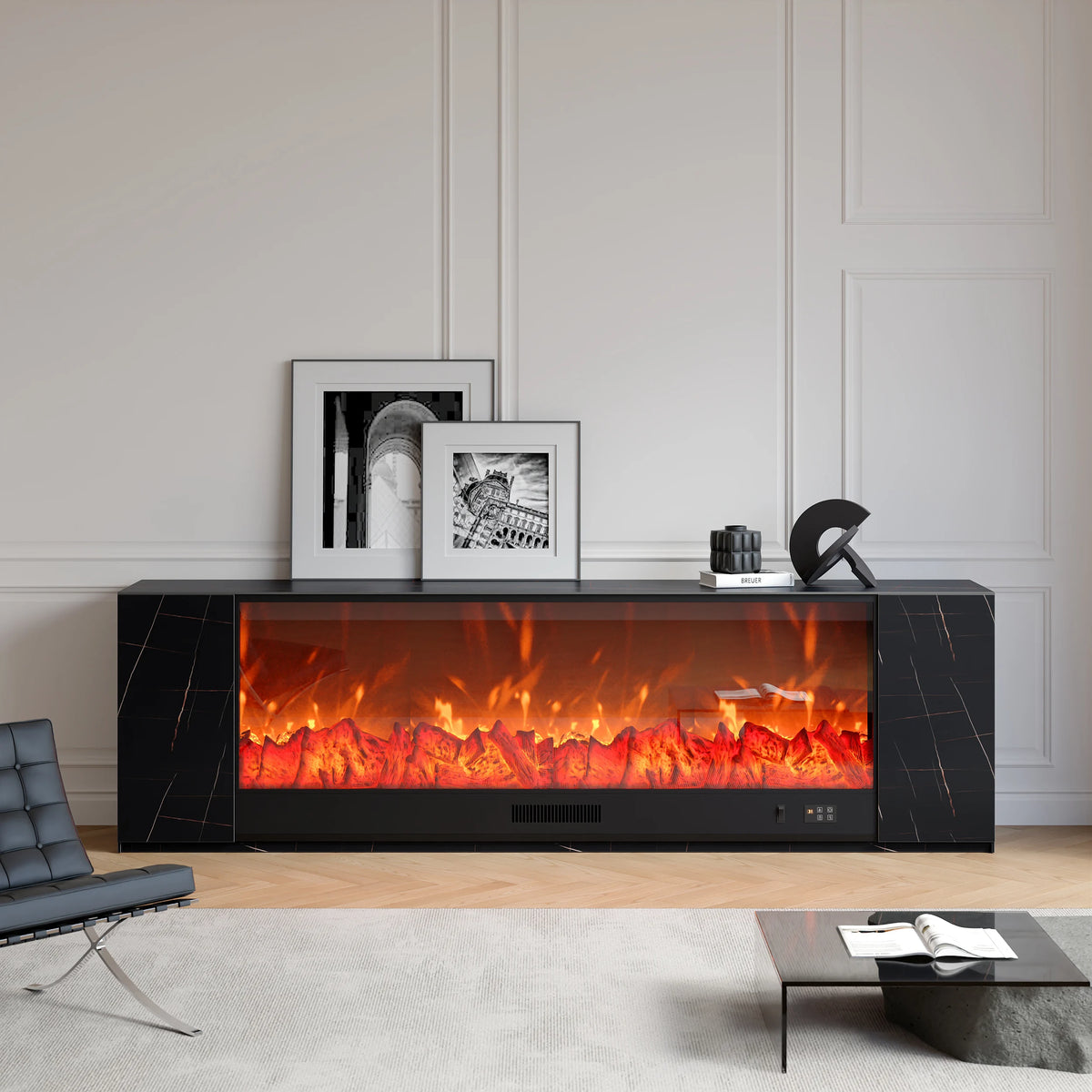 Meuble TV avec cheminée électrique 200 cm en pierre frittée avec télécommande Noir mat
