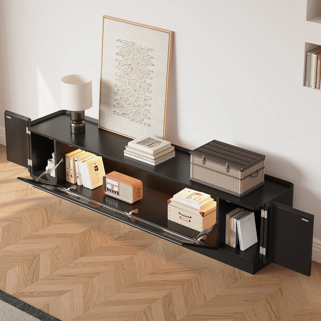 Meuble TV noir de 201 cm avec portes vitrées, rangements et LED