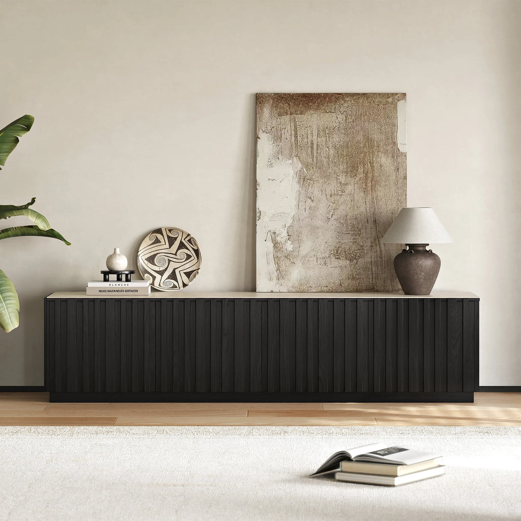 Meuble TV Aura 213 cm en bois de frêne noir avec plateau en pierre frittée