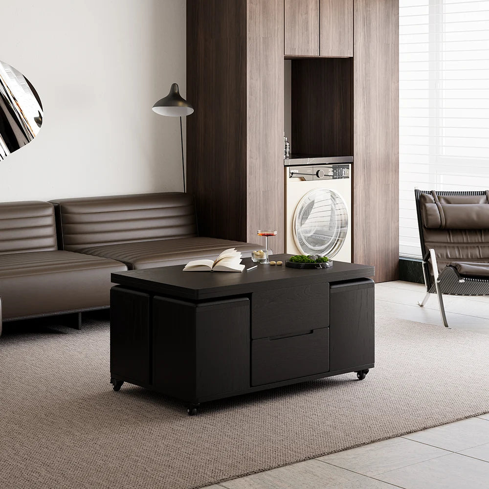 Meuble TV extensible rectangulaire en bois et ensemble de table basse noire à plateau relevable avec rangement