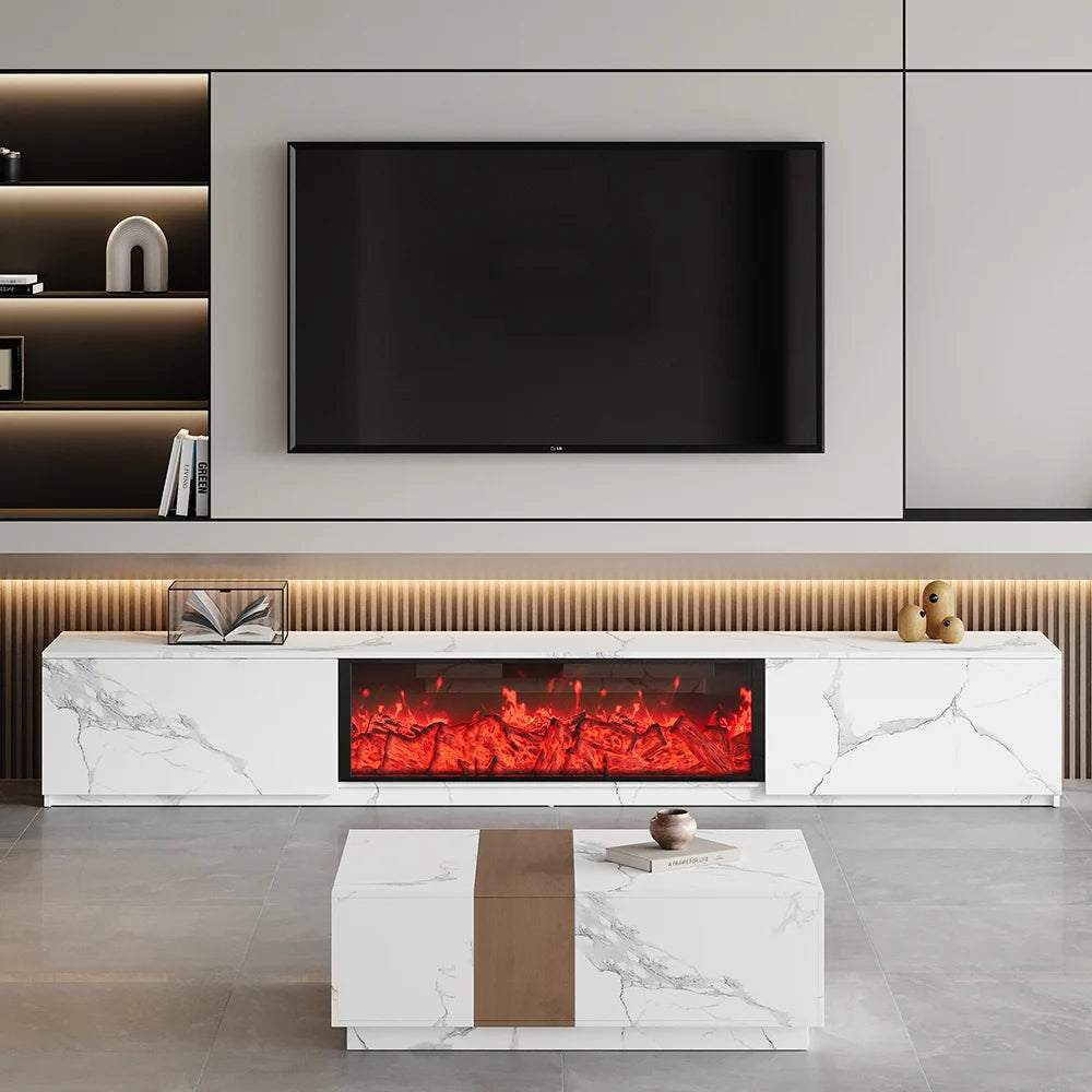 Meuble TV 180 cm finition placage marbre avec effet flammes LED et 2 tiroirs Blanc