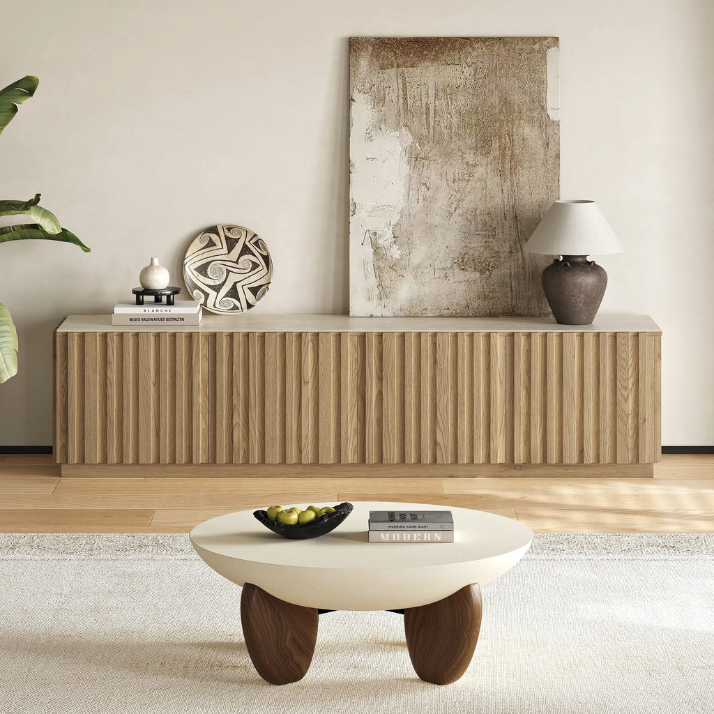 Meuble TV Aura 213 cm en bois de frêne naturelle avec plateau en pierre frittée