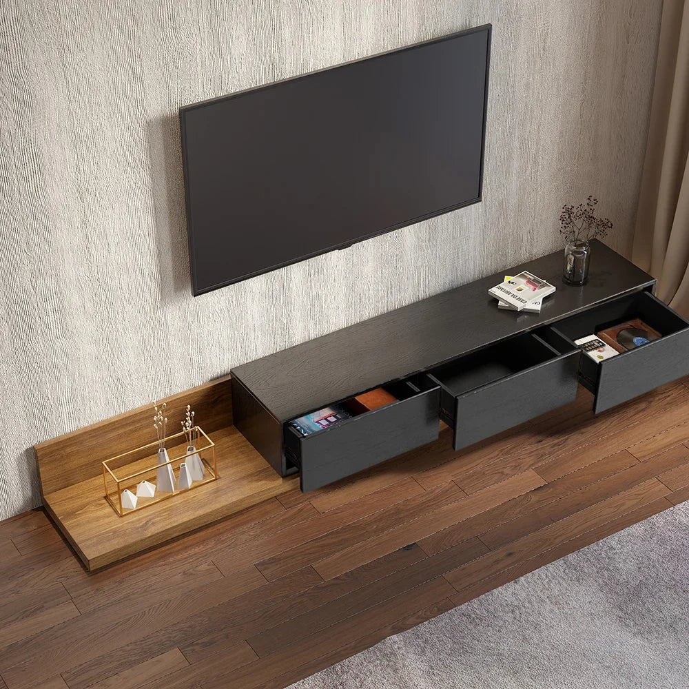 Meuble TV Crator noyer et noir de 210 cm à 280 cm en bois de frêne, extensible, avec 3 tiroirs