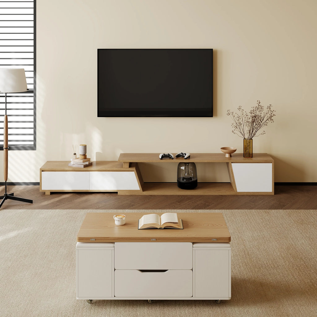 Meuble TV extensible Fero 180-280 cm avec 3 tiroirs Blanc & noyer