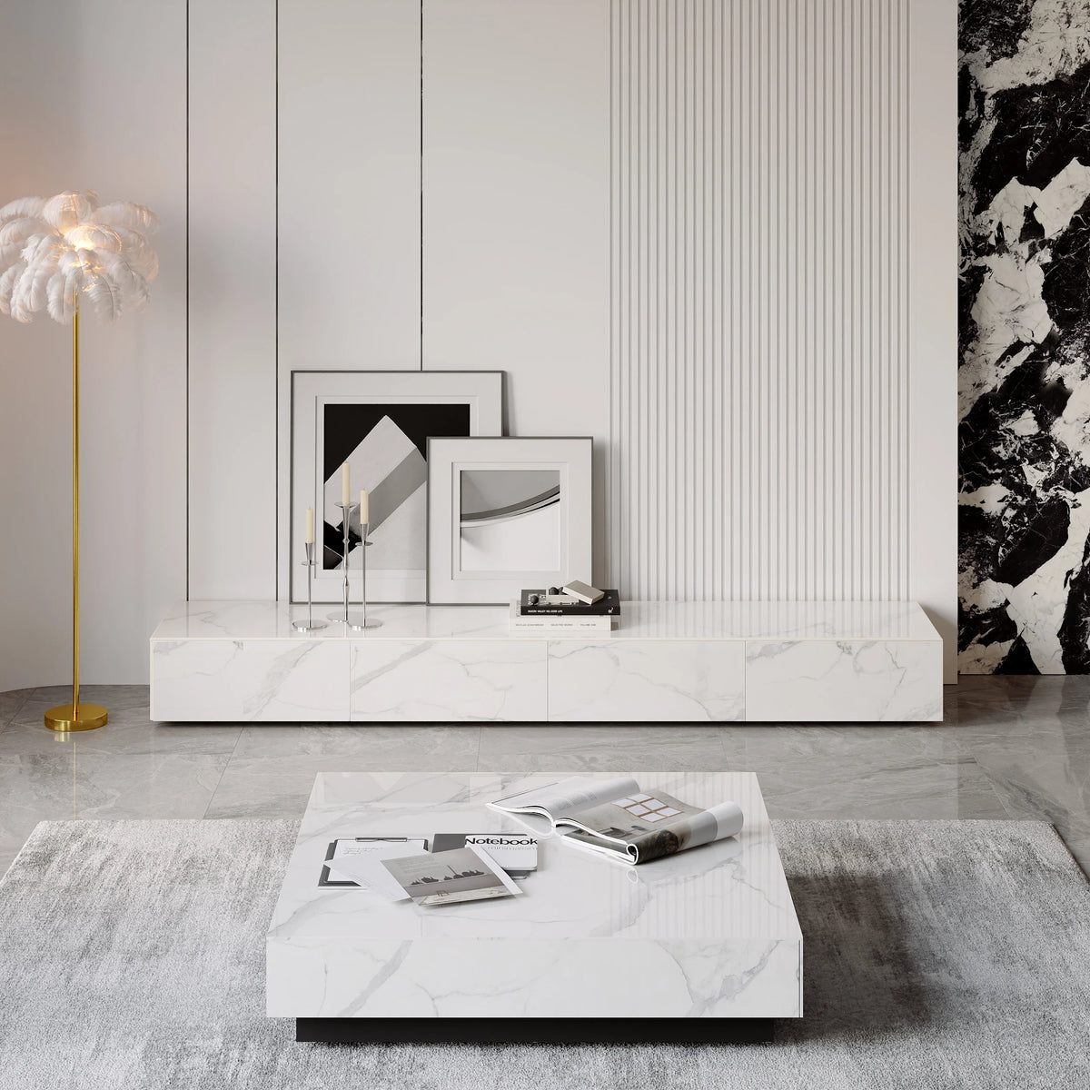 Meuble TV moderne en pierre frittée 200 cm avec 4 tiroirs Blanc brillant