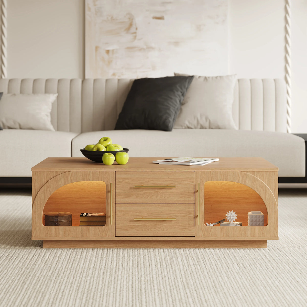 Ensemble meuble TV et table basse Arune avec portes cintrées en verre rangement et éclairage LED Bois naturel