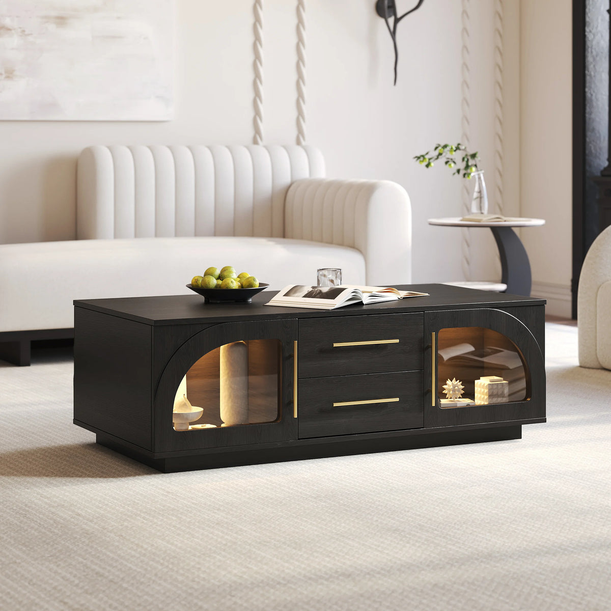 Ensemble meuble TV et table basse Arune avec portes cintrées en verre rangement et éclairage LED Noir