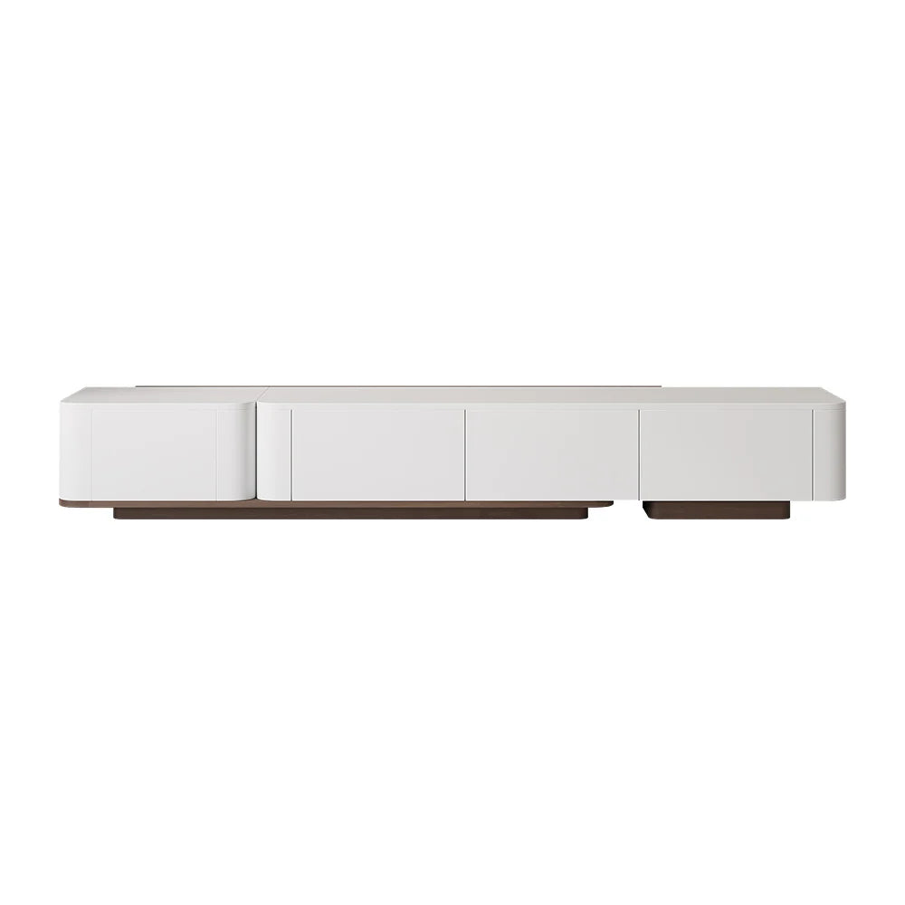 Meuble TV blanc cassé et noyer moderne 200 à 275 cm, extensible, avec 4 tiroirs