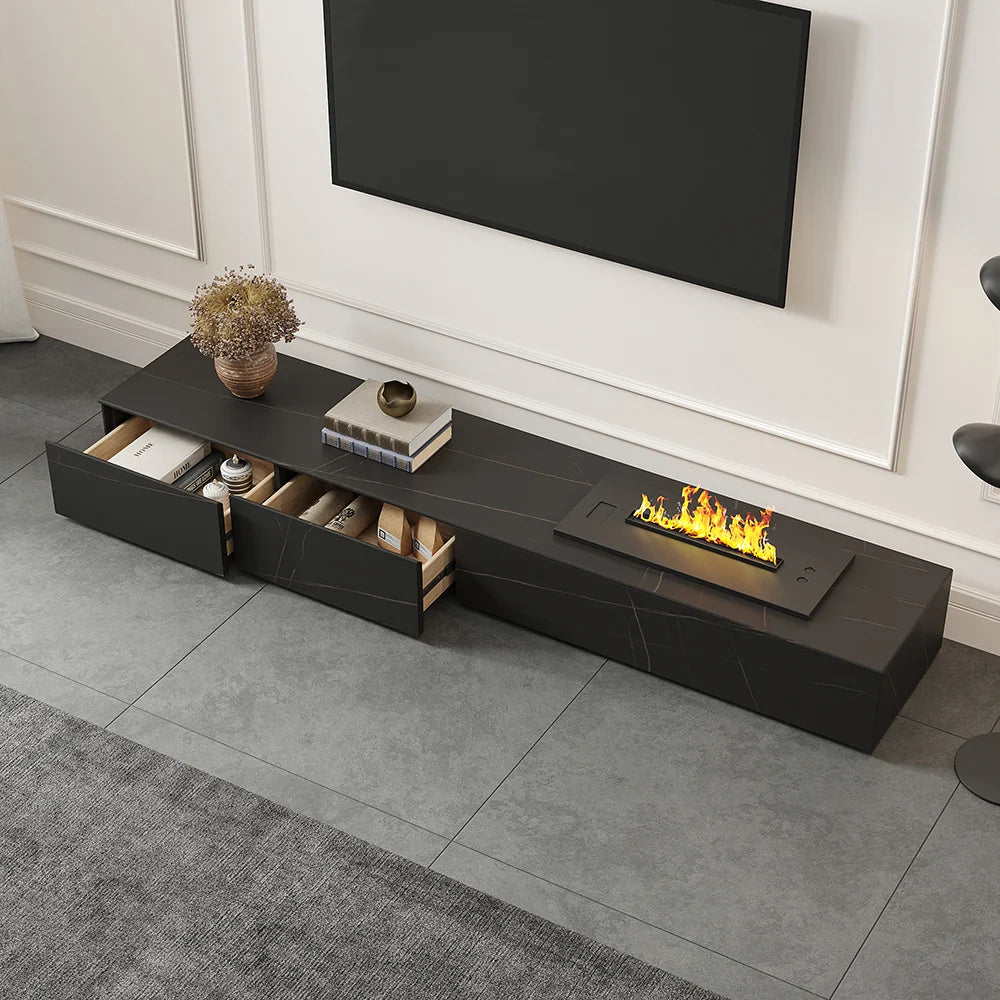 Meuble TV moderne 200 cm , effet flammes LED, humidificateur et 2 tiroirs Noir mat