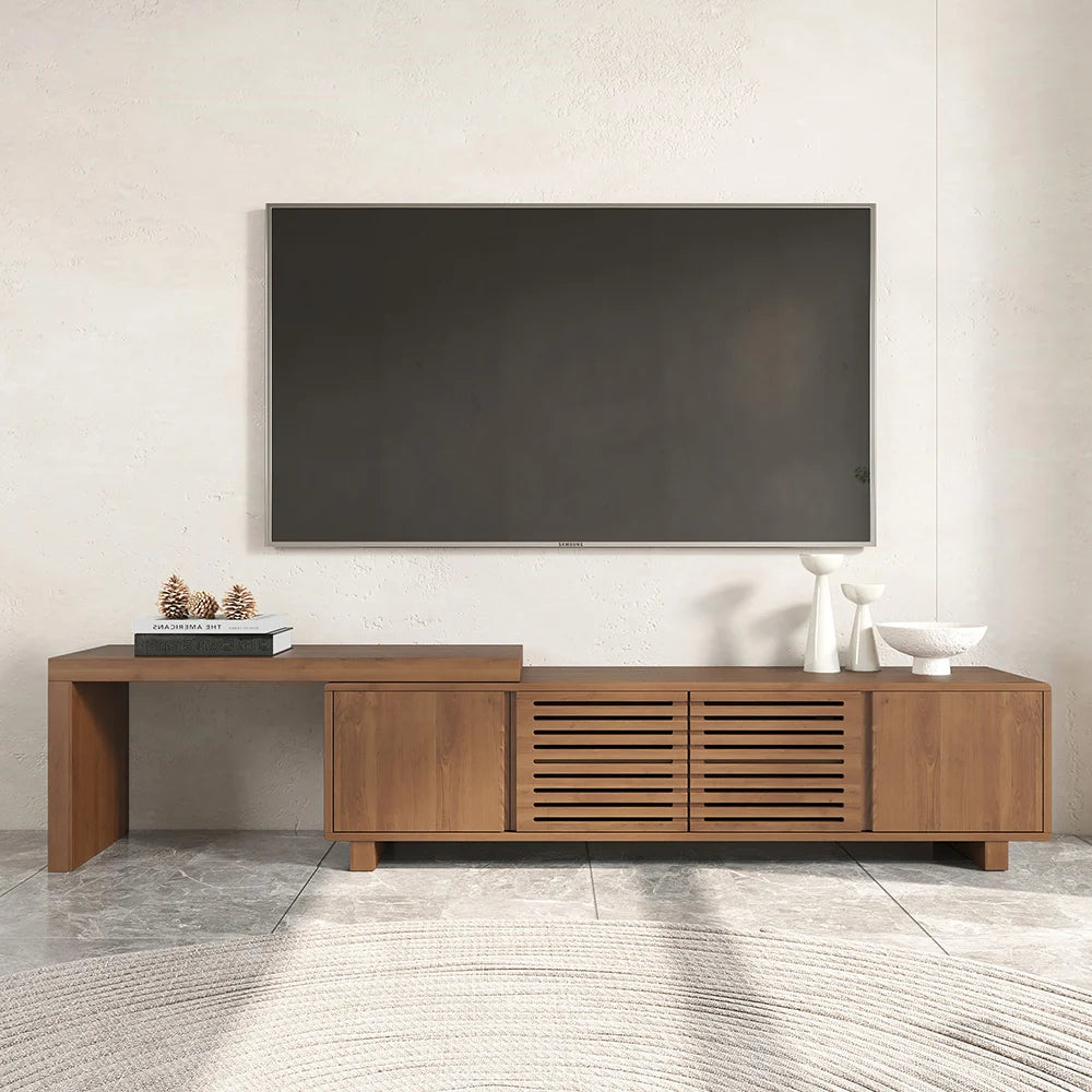 Meuble TV extensible en noyer inspiré du gril avec rangement (1600 mm à 2100 mm)
