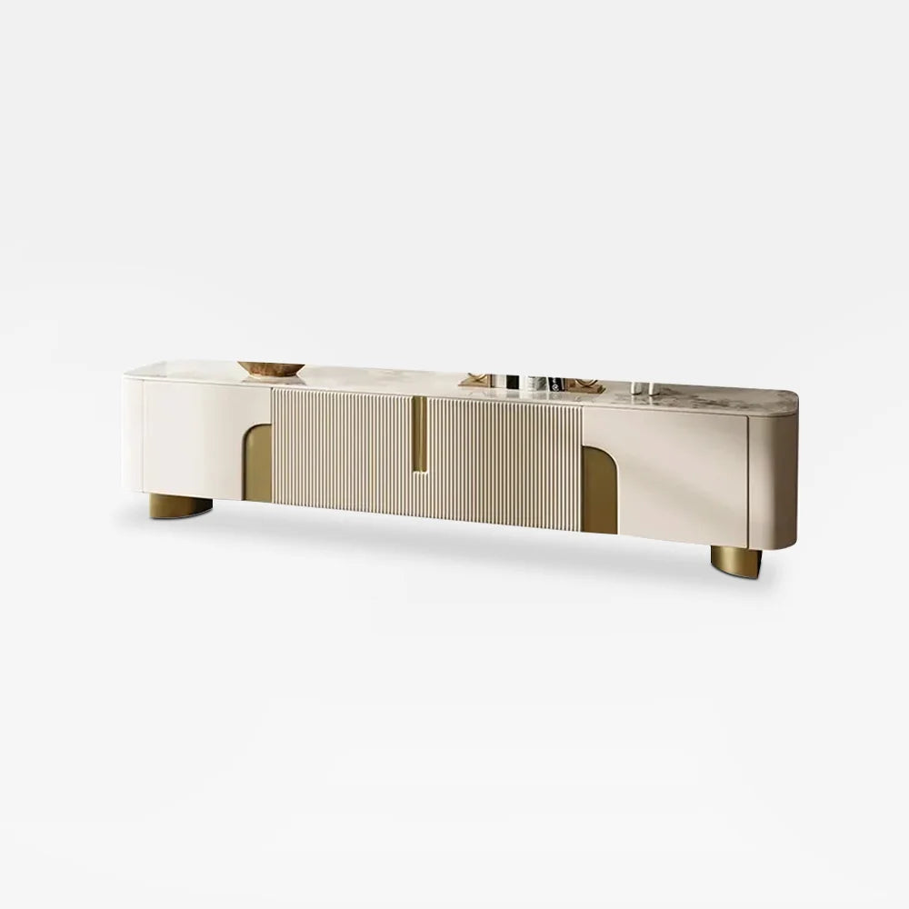 Meuble TV Artis 200 cm avec plateau en pierre, beige et or, 4 portes et rangement