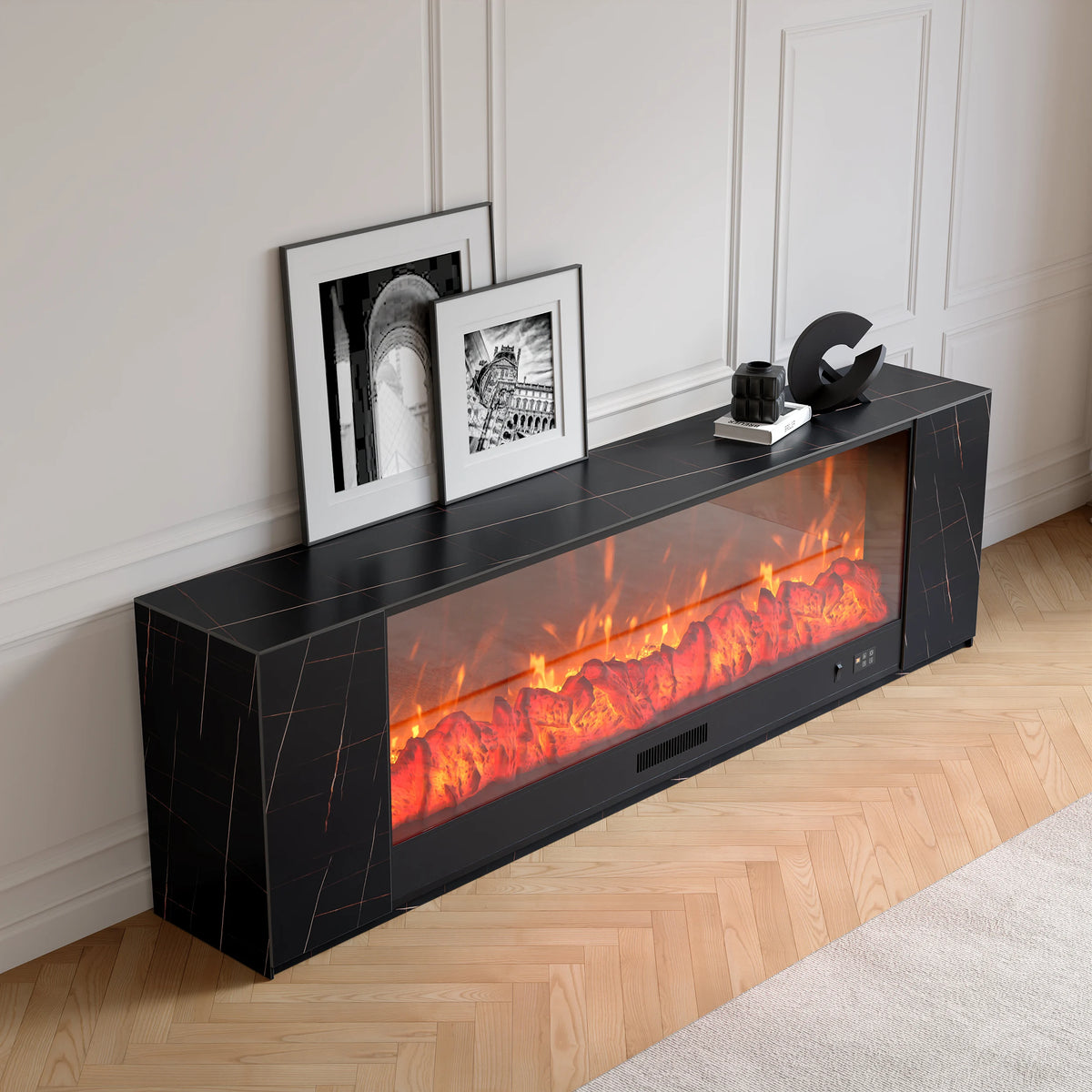 Meuble TV avec cheminée électrique 200 cm en pierre frittée avec télécommande Noir mat