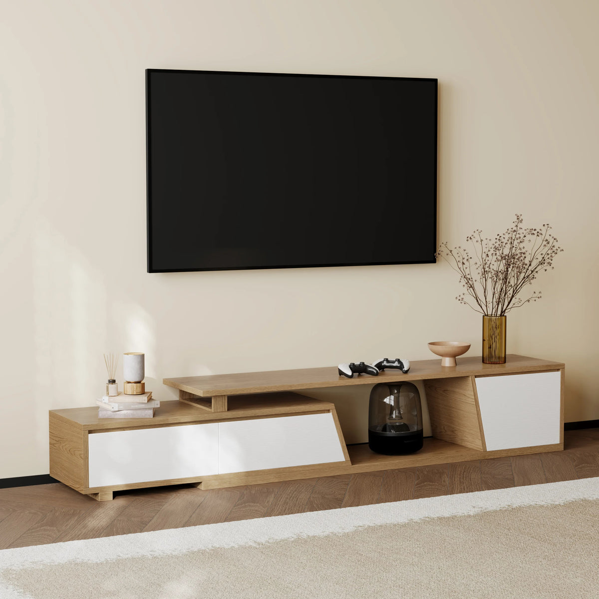 Meuble TV extensible Fero 180-280 cm avec 3 tiroirs Blanc & noyer