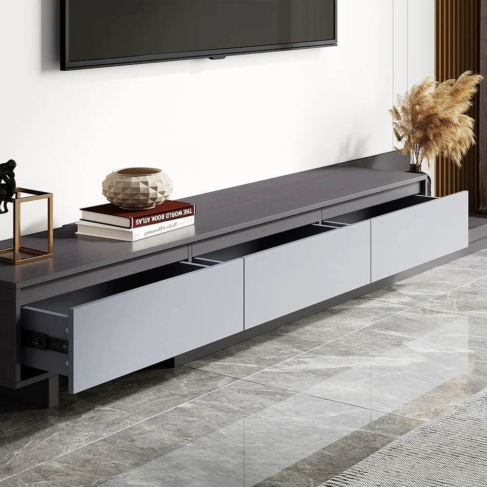 Meuble TV rétractable gris moderne Fero Console multimédia extensible avec 3 tiroirs jusqu'à 120 pouces
