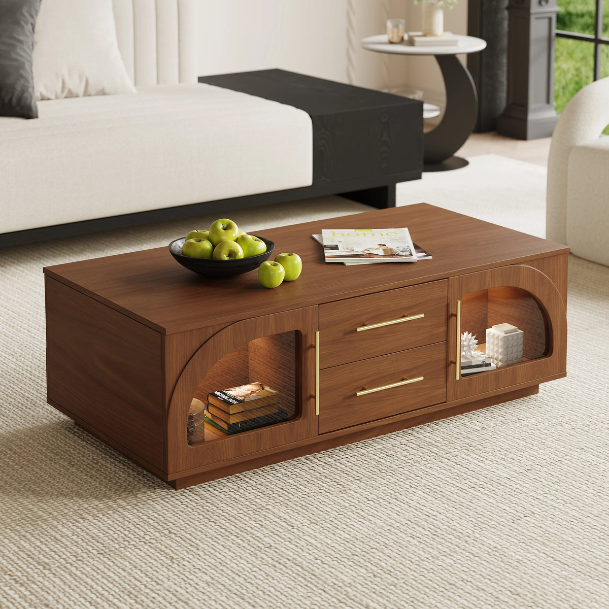 Ensemble meuble TV et table basse Arune avec portes cintrées en verre rangement et éclairage LED Noyer
