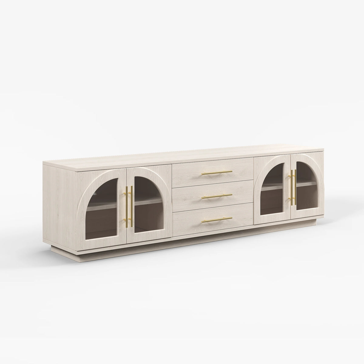 Meuble TV Arune 183 cm avec portes vitrées arquées, blanc chaulé, avec LED