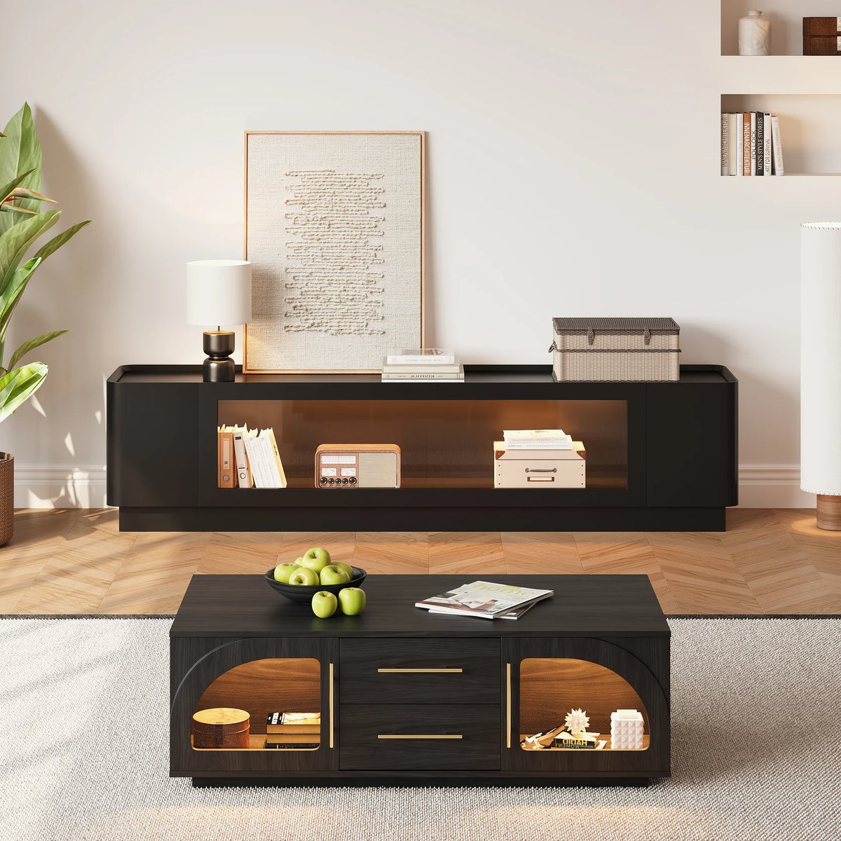 Meuble TV noir de 201 cm avec portes vitrées, rangements et LED