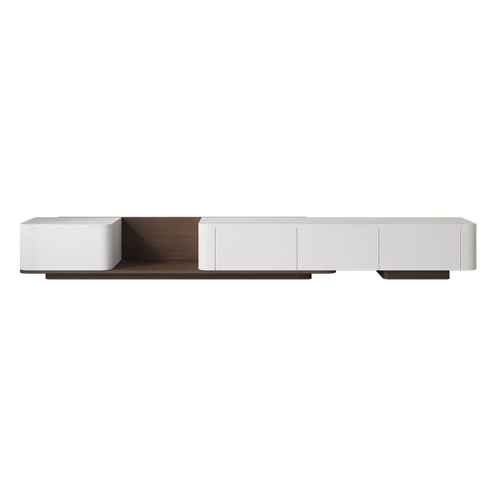 Meuble TV blanc cassé et noyer moderne 200 à 275 cm, extensible, avec 4 tiroirs
