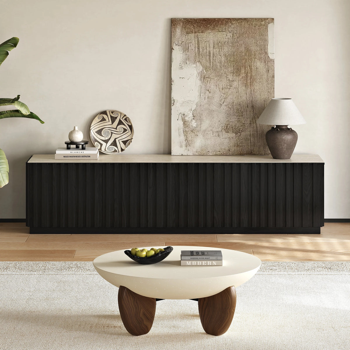 Meuble TV Aura 213 cm en bois de frêne noir avec plateau en pierre frittée
