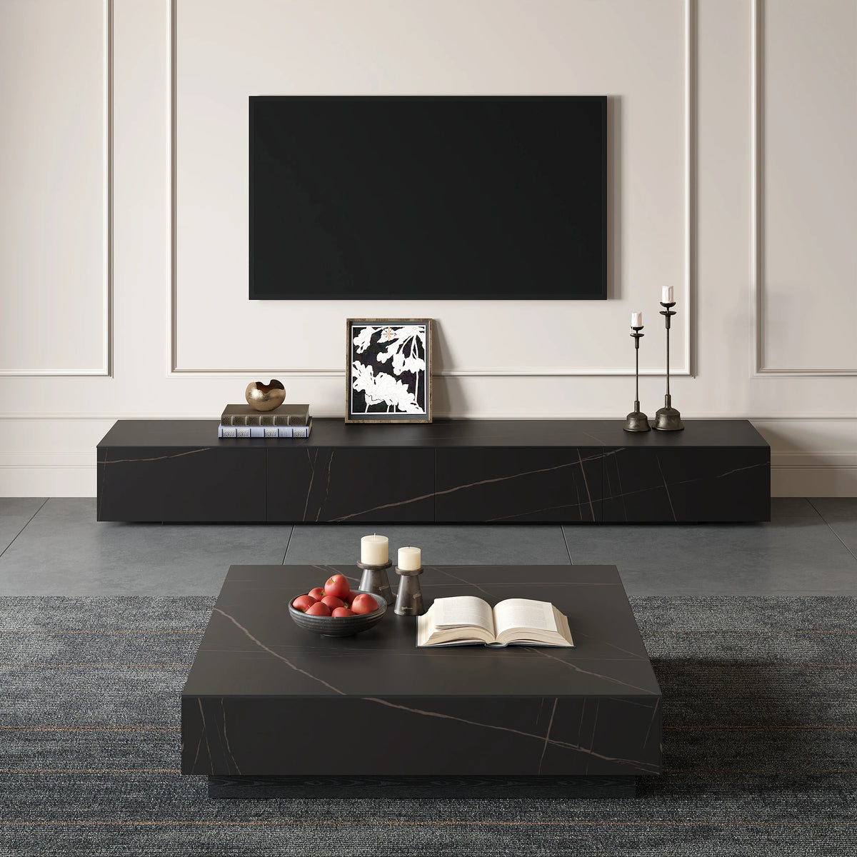 Meuble TV moderne en pierre frittée 200 cm avec 4 tiroirs Noir mat