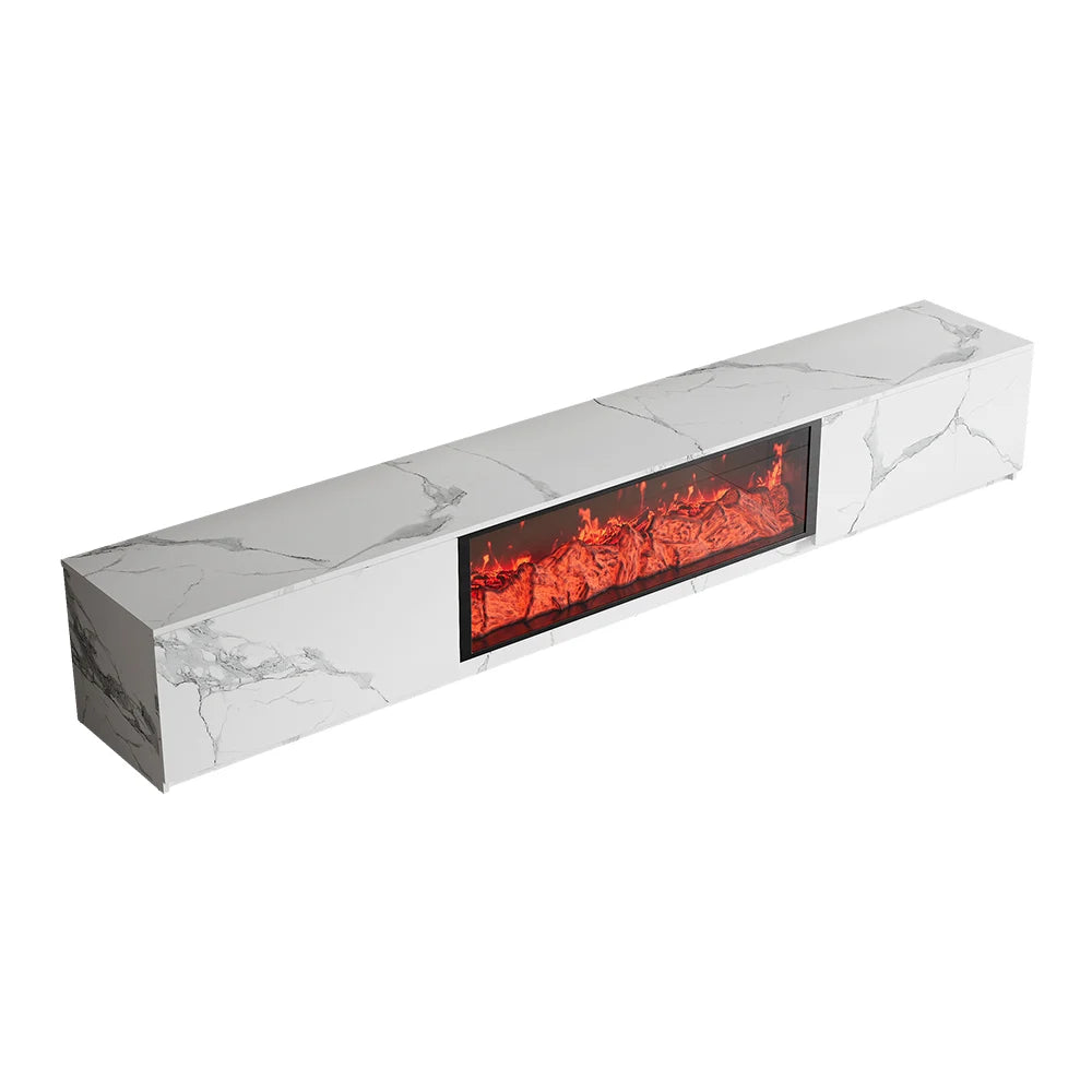 Meuble TV 180 cm finition placage marbre avec effet flammes LED et 2 tiroirs Blanc