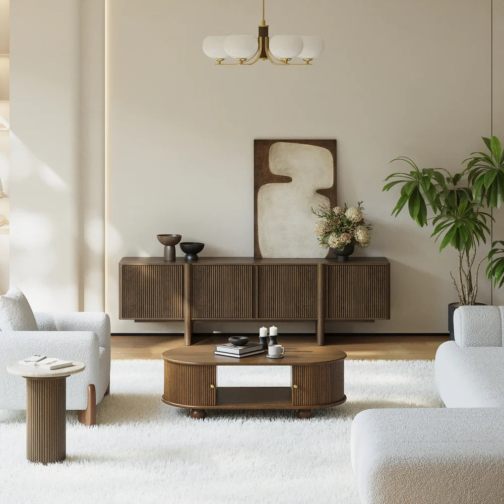 Meuble TV Lineva 203 cm en bois massif cannelé marron fumé avec armoires