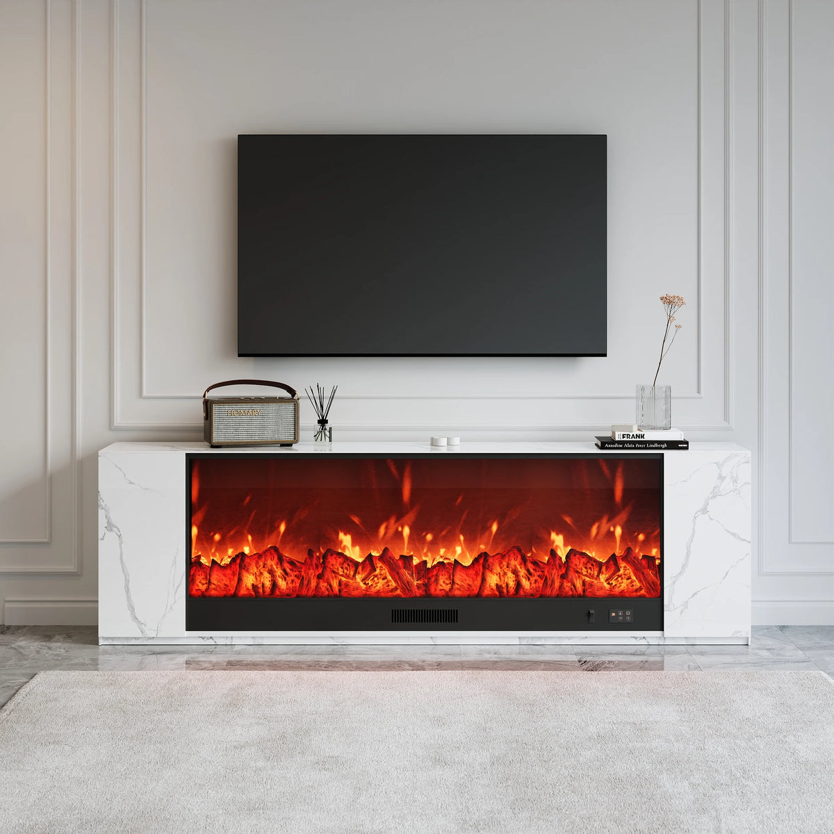 Meuble TV avec cheminée électrique 200 cm en pierre frittée avec télécommande Blanc