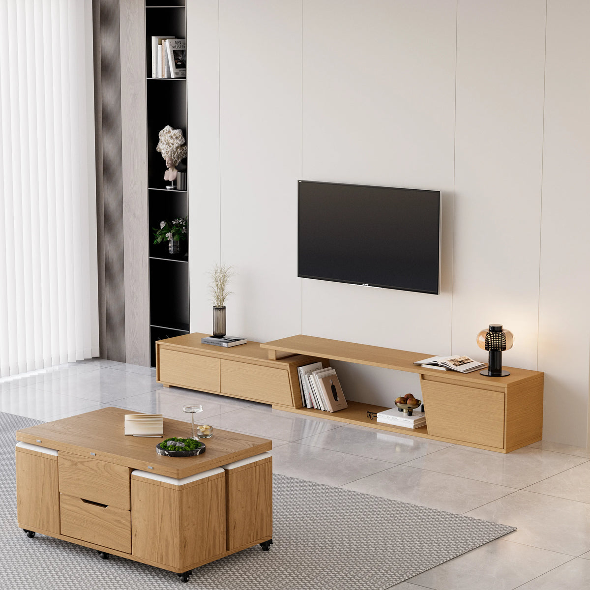 Meuble TV extensible Fero 180 à 280 cm avec 3 tiroirs Bois