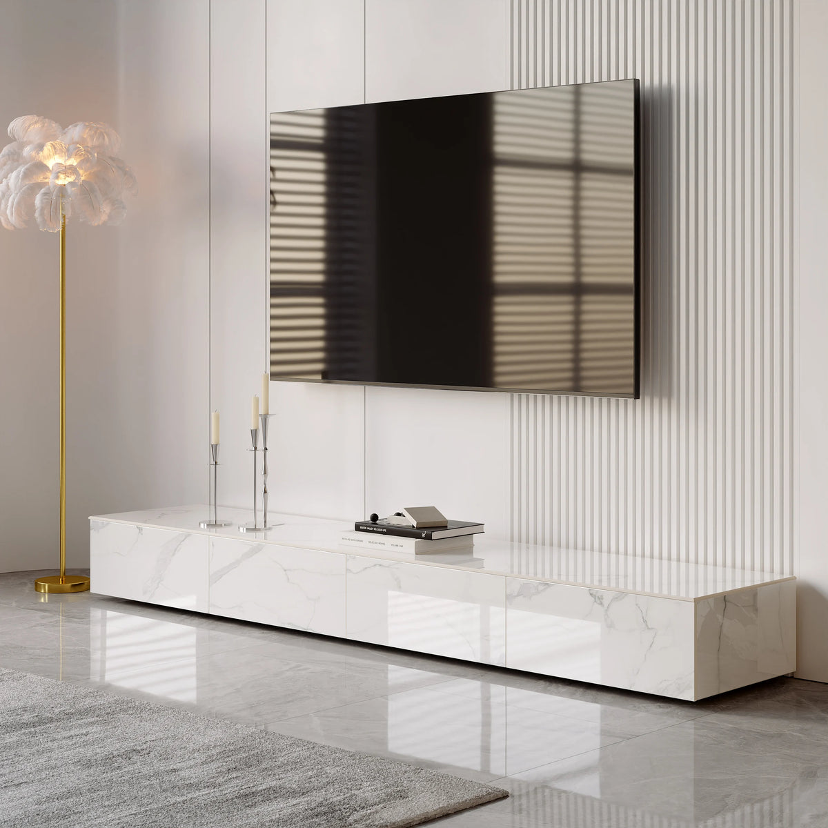 Meuble TV moderne en pierre frittée 200 cm avec 4 tiroirs Blanc brillant