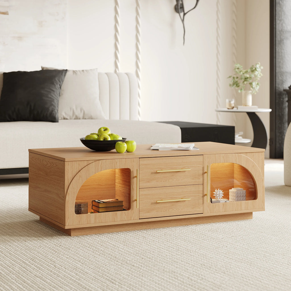 Ensemble meuble TV et table basse Arune avec portes cintrées en verre rangement et éclairage LED Bois naturel
