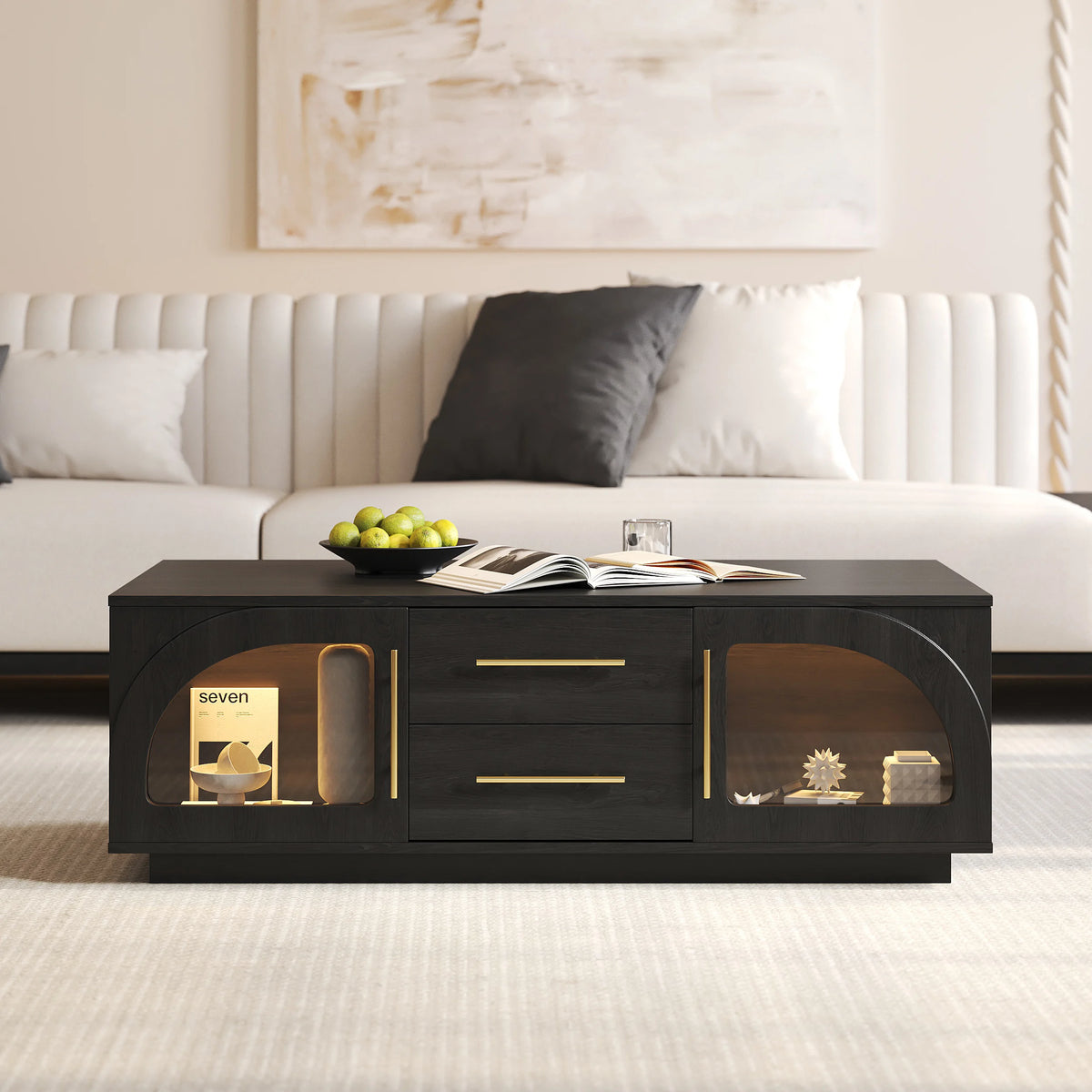 Ensemble meuble TV et table basse Arune avec portes cintrées en verre rangement et éclairage LED Noir