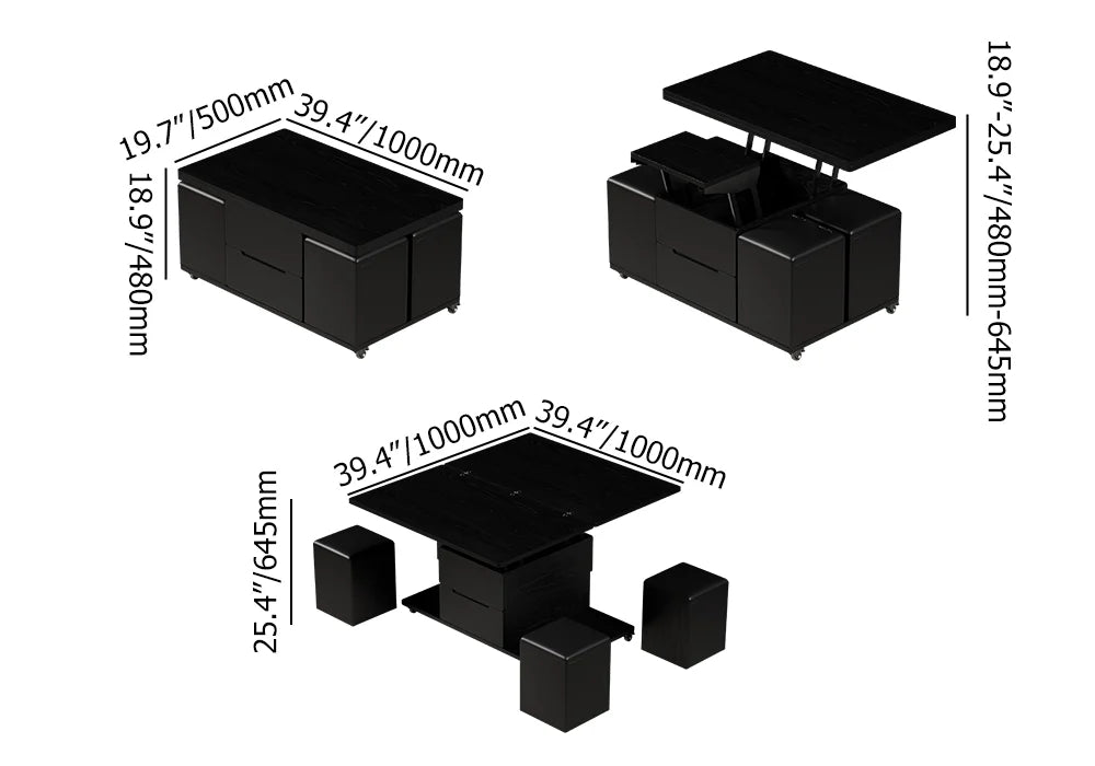 Meuble TV extensible rectangulaire en bois et ensemble de table basse noire à plateau relevable avec rangement