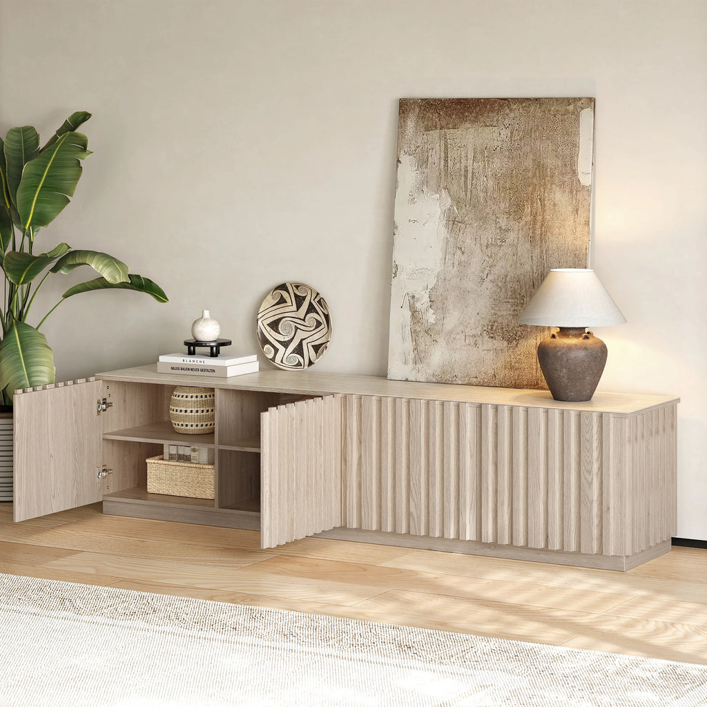 Meuble TV Aura 213 cm en bois de frêne blanc chaulé avec plateau en pierre frittée