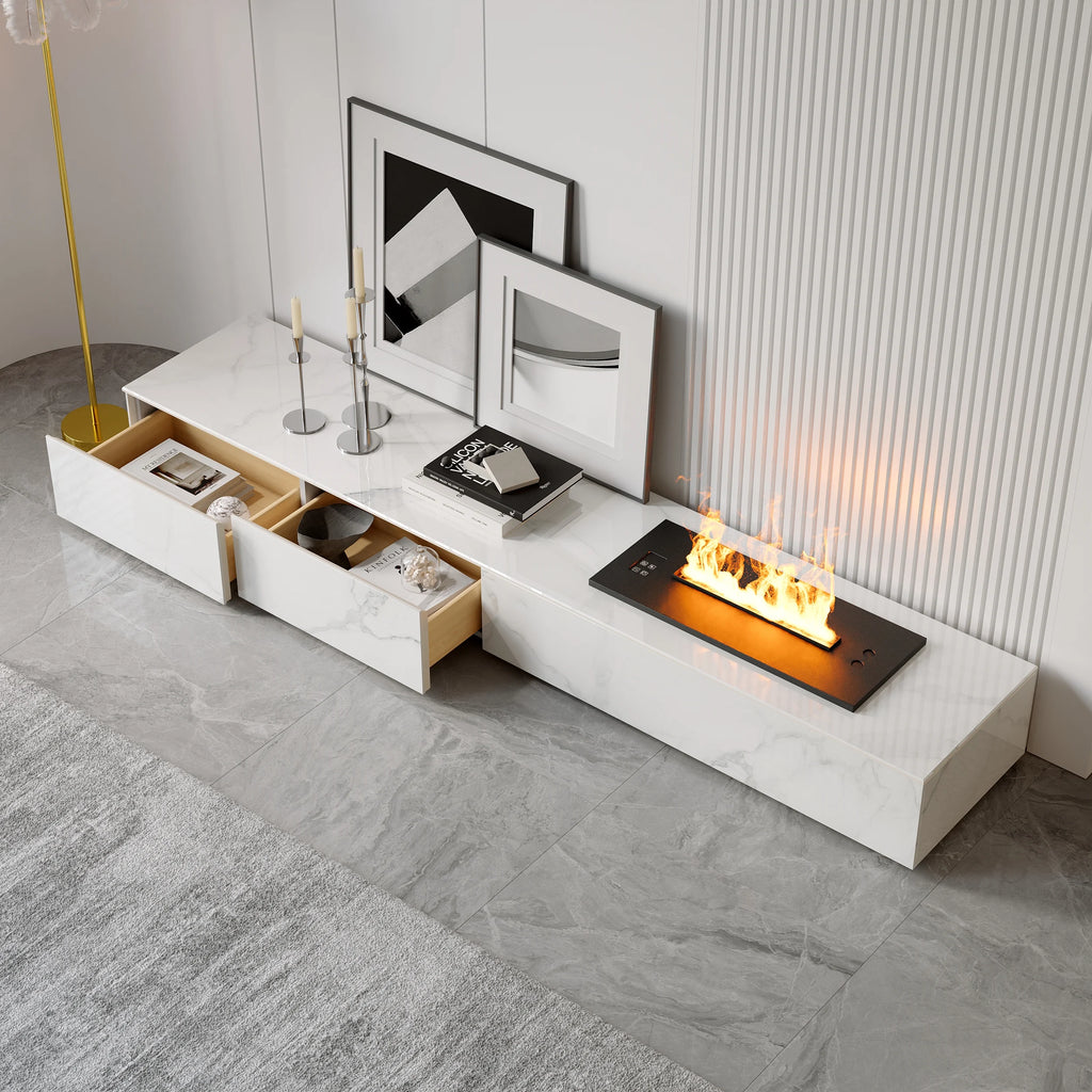 Meuble TV moderne 200 cm, effet flammes LED, humidificateur et 2 tiroirs Blanc brillant