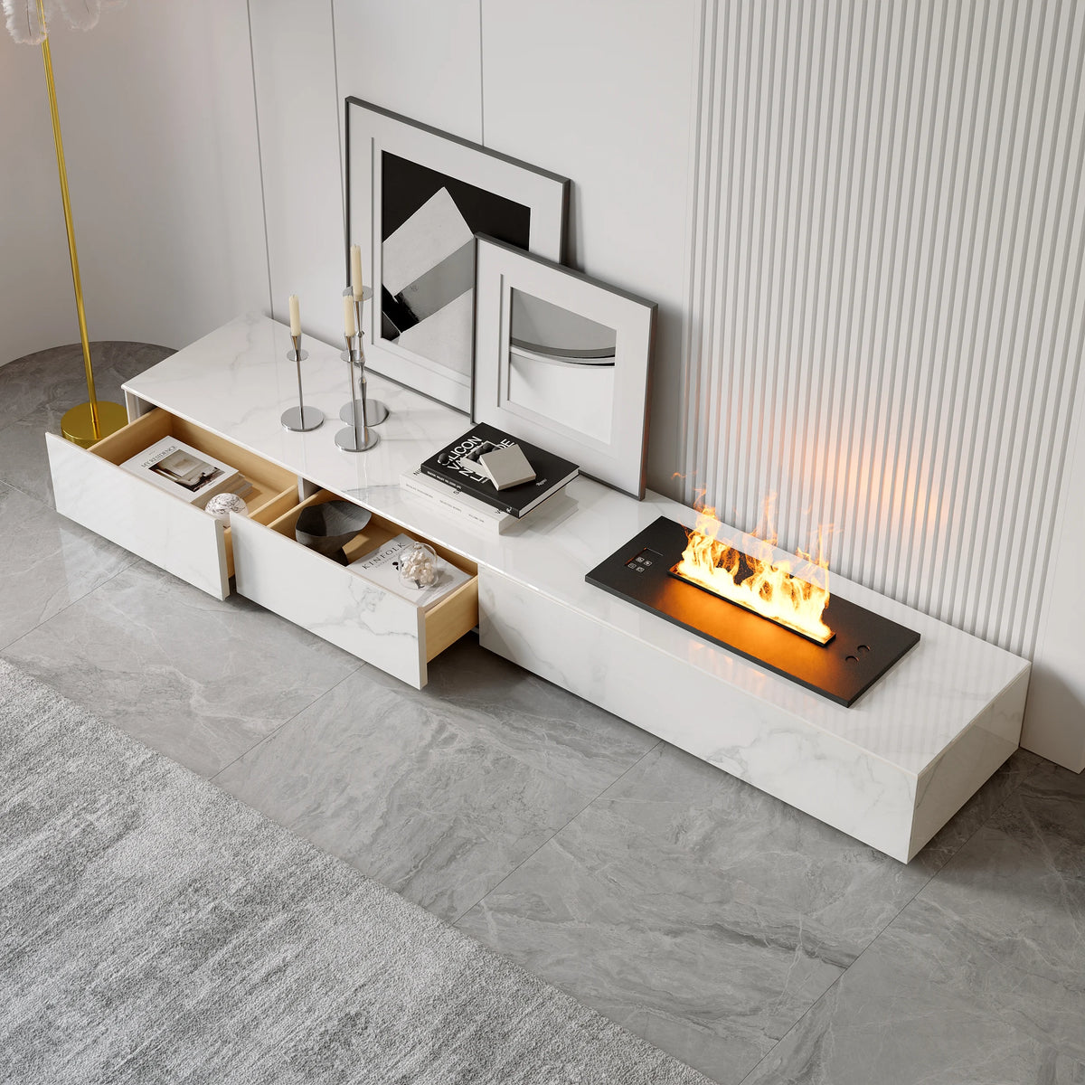 Meuble TV moderne 200 cm, effet flammes LED, humidificateur et 2 tiroirs Blanc brillant
