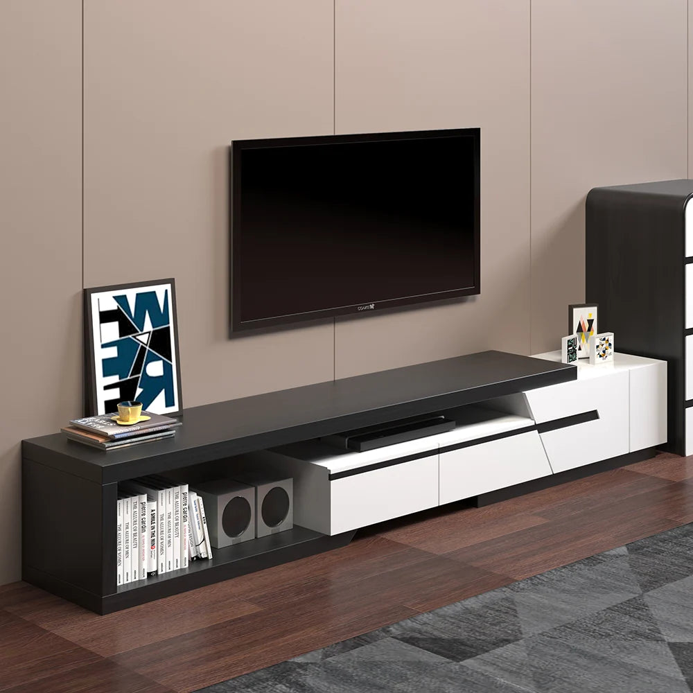 Pinkle Meuble TV Extensible Moderne avec Étagère et Tiroir Blanc et Noir
