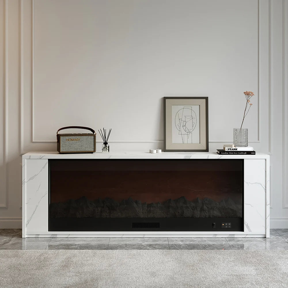 Meuble TV avec cheminée électrique 180 cm en placage marbre avec télécommande Blanc