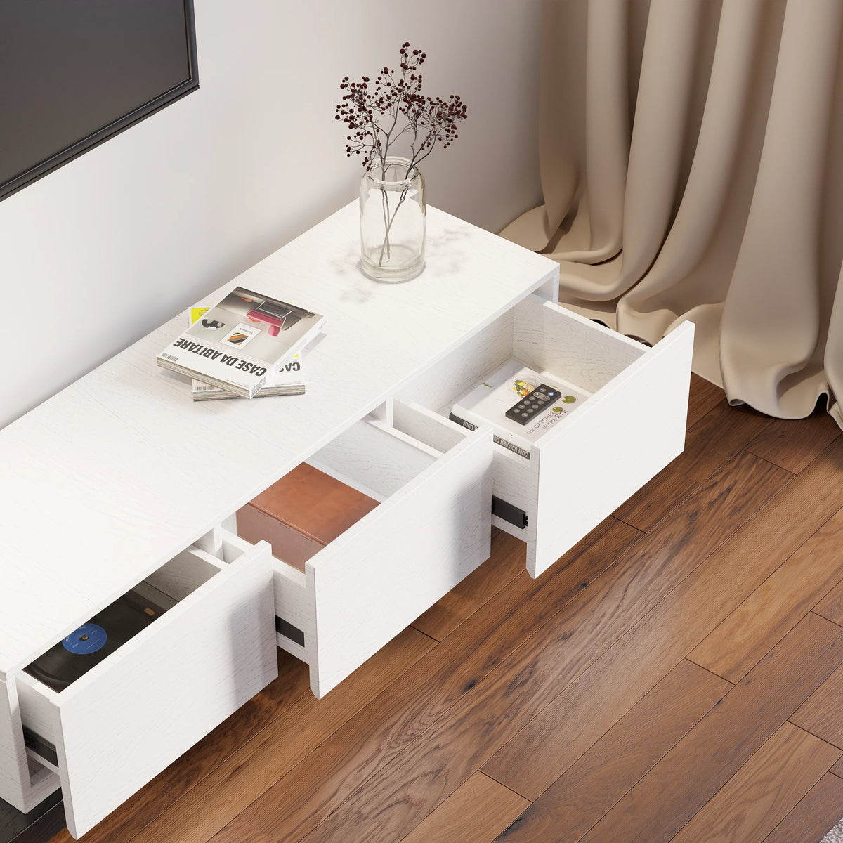 Meuble TV extensible au sol naturel avec 3 tiroirs