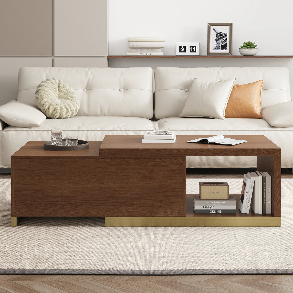 Ensemble meuble tv extensible et table basse Mordel en noyer brillant